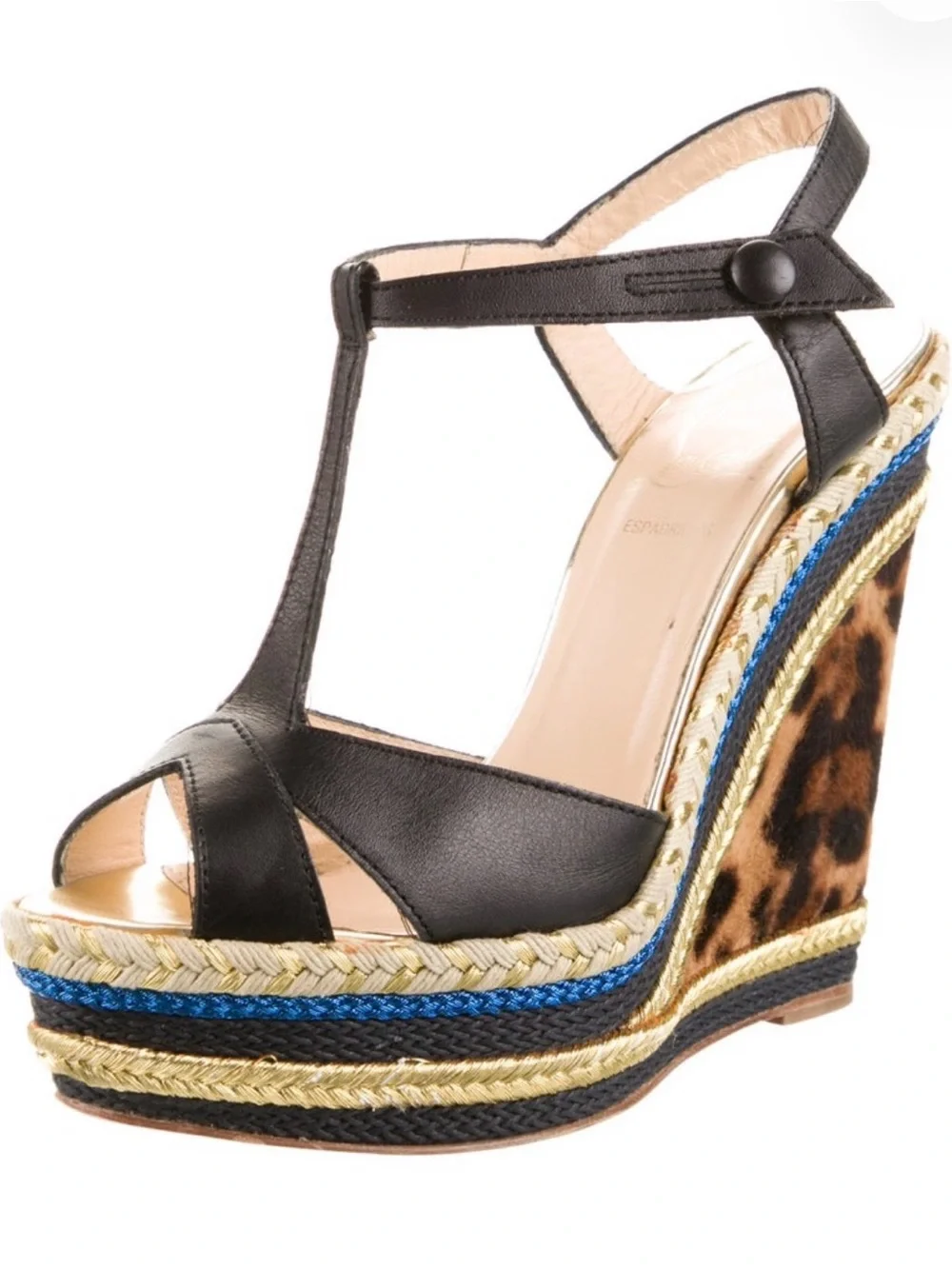 Christian Louboutin Black Leather Platform Sandals with Multicolor Braided Trim